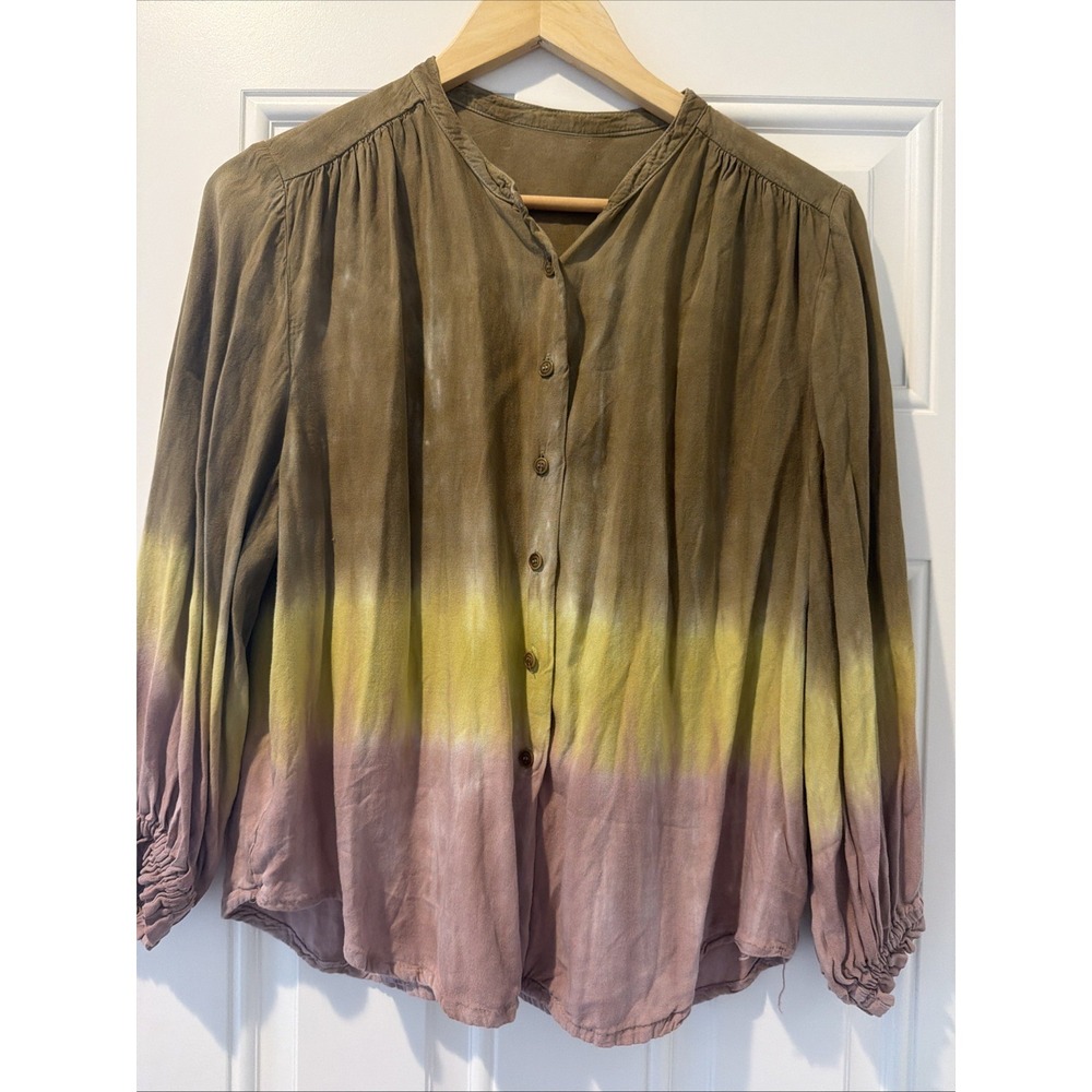 Raquel Allegra Hand Dyed Long Sleeve Blouse Sz O Purple Yellow Boho Wearable Art